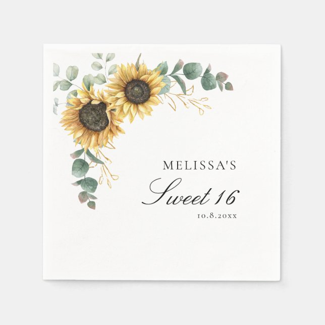 Floral Sunflower Eucalyptus Sweet 16 Party Paper Napkin (Front)