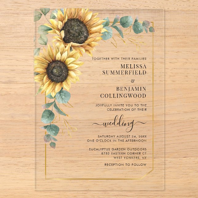 Floral Sunflower Eucalyptus Wedding Acrylic Invitations (Front)