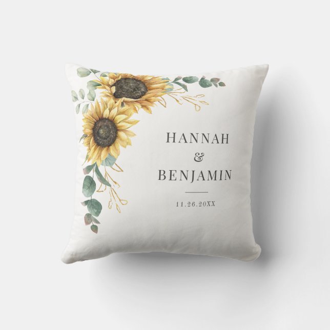 Floral Sunflower Eucalyptus Wedding Couple Throw Pillow (Back)