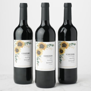 Floral Sunflower Eucalyptus Wedding Couples Wine Label