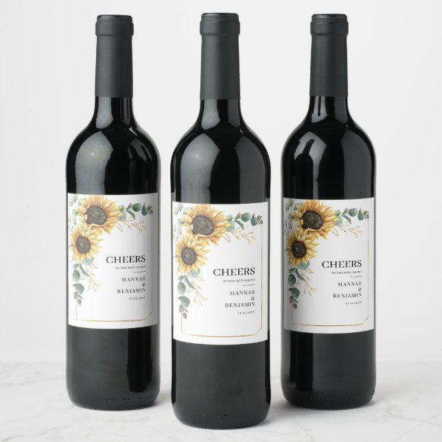Floral Sunflower Eucalyptus Wedding Couples Wine Label (Bottles)