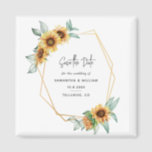 Floral Sunflower Eucalyptus Wedding Save The Date Magnet<br><div class="desc">Plan your perfect wedding this season with our bright sunflower theme save the date cards. Featuring sunflower bloom and gold effect geometric frame, this card can be easily customized for your special occasion such as a bridal shower, engagement party, birthday party, anniversaries, family reunions, and any special occasion you have...</div>