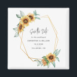 Floral Sunflower Eucalyptus Wedding Save The Date Magnet<br><div class="desc">Plan your perfect wedding this season with our bright sunflower theme save the date cards. Featuring sunflower bloom and gold effect geometric frame, this card can be easily customized for your special occasion such as a bridal shower, engagement party, birthday party, anniversaries, family reunions, and any special occasion you have...</div>