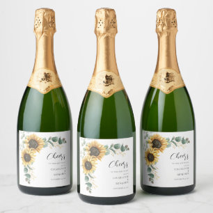 Floral Sunflower Eucalyptus Wedding Sparkling Wine Label