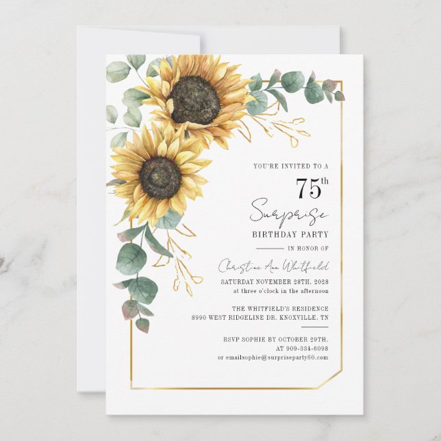 Floral Sunflower Greenery Script 75th Birthday Invitation (Front)