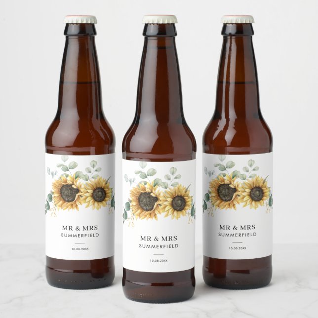 Floral Sunflower Greenery Wedding Beer Bottle Label (Bottles)