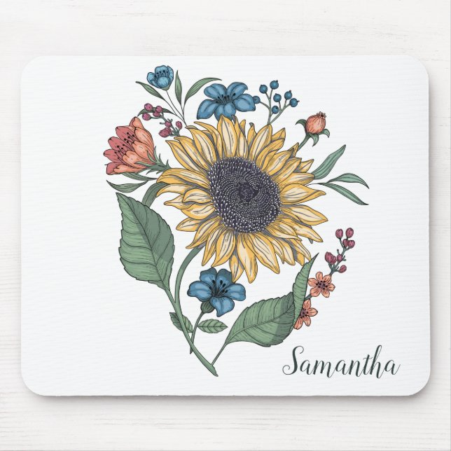 Floral Sunflower Monogram Name Mouse Pad (Front)