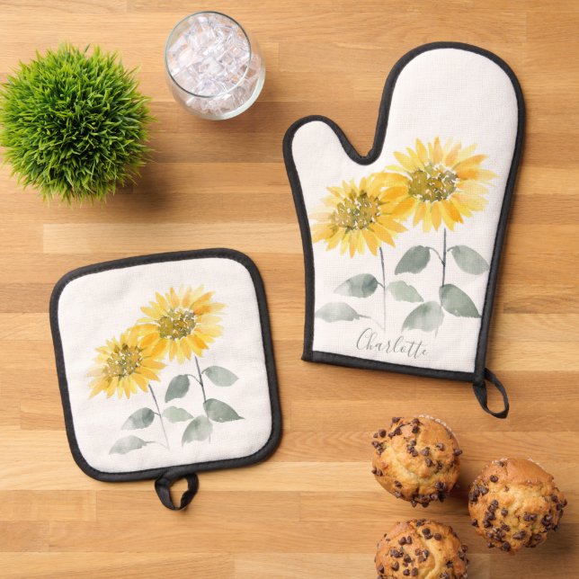 Floral Sunflower Personalized Script Oven Mitt & Pot Holder Set (Top Down)