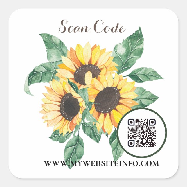Floral Sunflower QR Code Business Square Sticker (Front)