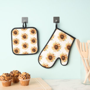 Floral Sunflower Watercolor Pattern Oven Mitt & Pot Holder Set