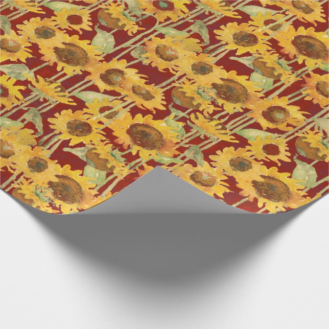 Floral Sunflower Watercolor Yellow on Red Wrapping Paper (Corner)