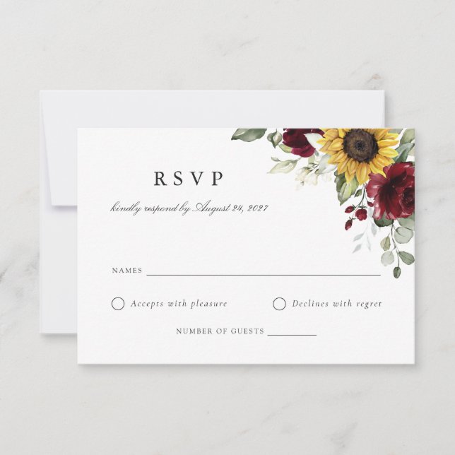 Floral Sunflowers Burgundy Wedding RSVP Card (Front)