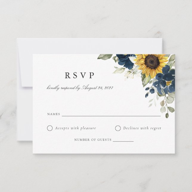 Floral Sunflowers Marine Blue Wedding Carte RSVP (Devant)
