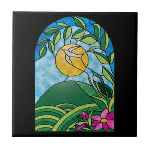 Floral Sunlight Vintage Stained Glass Style Tile