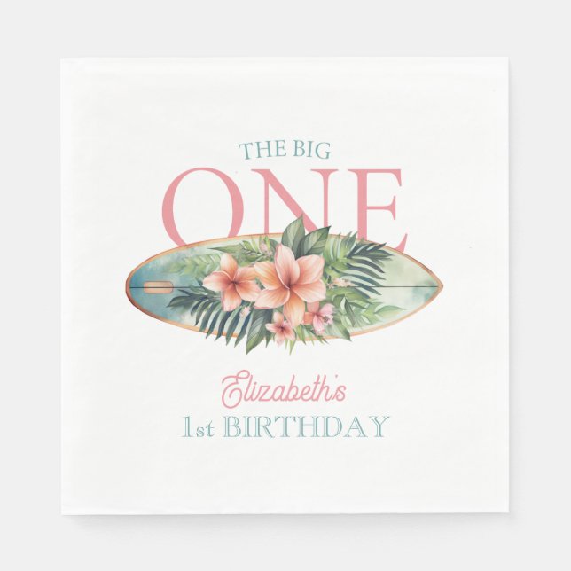 Floral Surf Board The Big One 1st Birthday Napkin (Front)