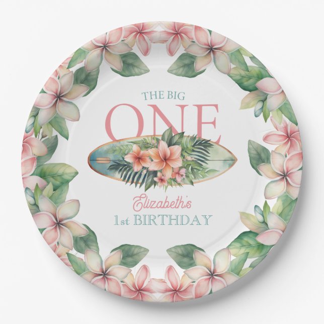 Floral Surf Board The Big One 1st Birthday Paper Plate (Front)