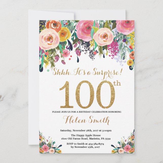 Floral Surprise 100e anniversaire Invitation Gold (Devant)