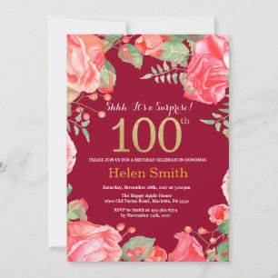 Floral Surprise 100th Birthday Gold Burgundy Red Invitation