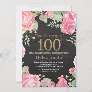 Floral Surprise 100th Birthday Gold Glitter Invitation
