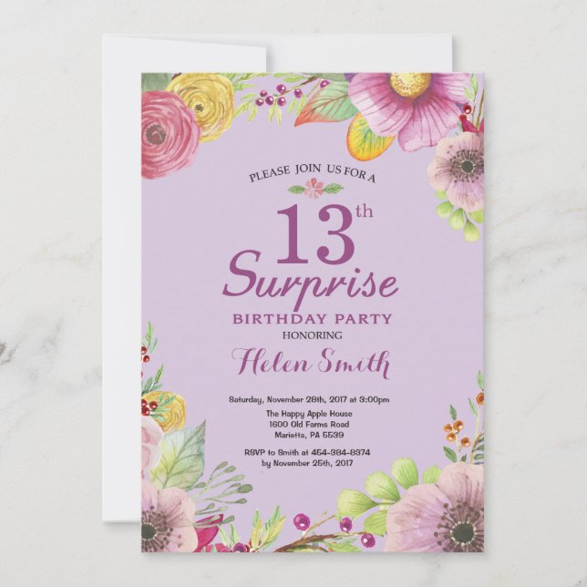 Floral Surprise 13e anniversaire Invitation violet (Devant)