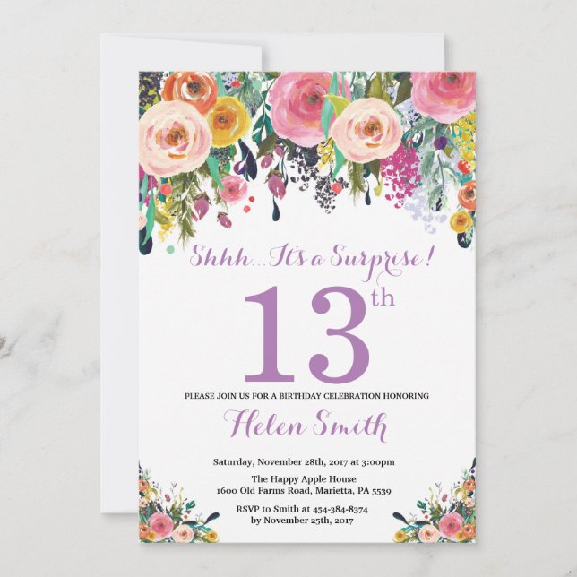 Floral Surprise 13th Birthday Invitation Purple (Front)