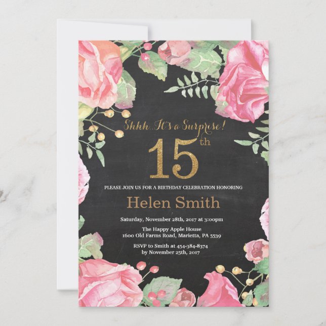 Floral Surprise 15th Birthday Gold Glitter Invitation (Front)