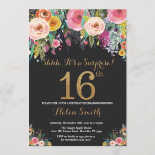 Floral Surprise 16e anniversaire Invitation Or