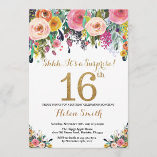Floral Surprise 16e anniversaire Invitation Or