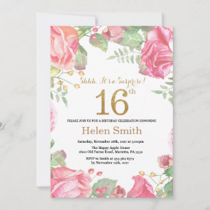 Floral Surprise 16th Birthday Gold Glitter Invitation