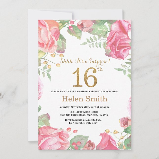 Floral Surprise 16th Birthday Gold Glitter Invitation (Front)