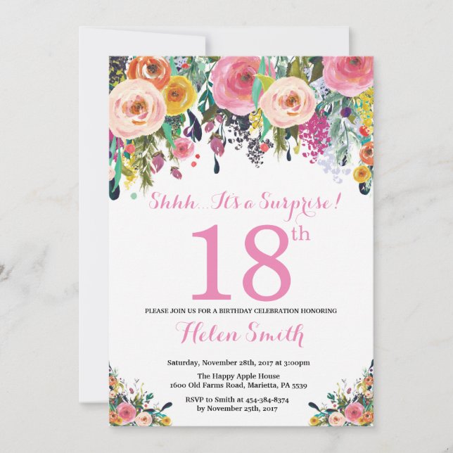 Floral Surprise 18e anniversaire Invitation rose (Devant)