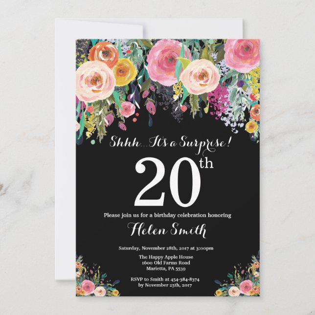 Floral Surprise 20th Birthday Invitation (Front)