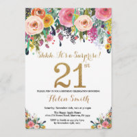 Floral Surprise 21st Birthday Invitation Gold