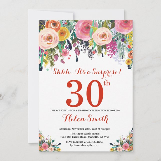 Floral Surprise 30e anniversaire Invitation rouge (Devant)