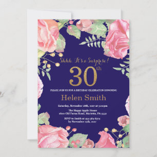 Floral Surprise 30th Birthday Gold Glitter Blue Invitation