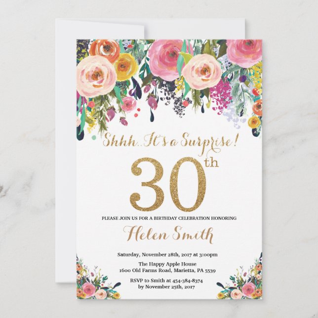 Floral Surprise 30th Birthday Invitation Gold (Front)