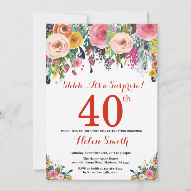 Floral Surprise 40e Anniversaire Invitation Rouge (Devant)
