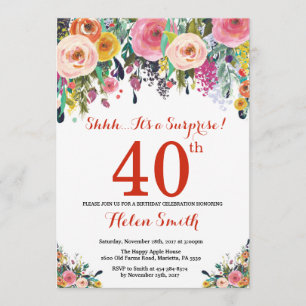 Floral Surprise 40e Anniversaire Invitation Rouge