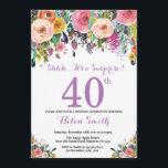 Floral Surprise 40th Birthday Invitation Purple<br><div class="desc">Floral Surprise 40th Birthday Invitation for Women. Watercolor Floral Flower. Pink, Yellow, Orange, Purple Flower. Adult Birthday. 30th 40th 50th 60th 70th 80th 90th 100th 13th 15th 16th 18th 20th 21st Any Age. For further customization, please click the "Customize it" button and use our design tool to modify this template....</div>
