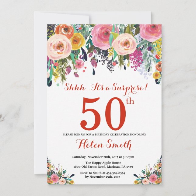 Floral Surprise 50e Anniversaire Invitation Rouge (Devant)