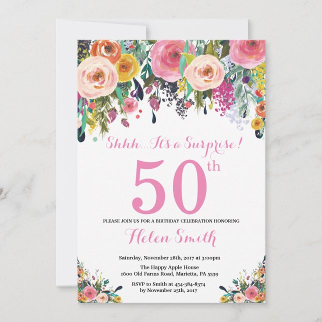 Floral Surprise 50th Birthday Invitation Pink (Front)