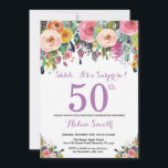 Floral Surprise 50th Birthday Invitation Purple<br><div class="desc">Floral Surprise 50th Birthday Invitation for Women. Watercolor Floral Flower. Pink, Yellow, Orange, Purple Flower. Adult Birthday. 30th 40th 50th 60th 70th 80th 90th 100th 13th 15th 16th 18th 20th 21st Any Age. For further customization, please click the "Customize it" button and use our design tool to modify this template....</div>
