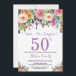 Floral Surprise 50th Birthday Invitation Purple<br><div class="desc">Floral Surprise 50th Birthday Invitation for Women. Watercolor Floral Flower. Pink, Yellow, Orange, Purple Flower. Adult Birthday. 30th 40th 50th 60th 70th 80th 90th 100th 13th 15th 16th 18th 20th 21st Any Age. For further customization, please click the "Customize it" button and use our design tool to modify this template....</div>