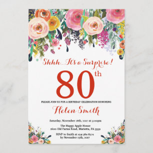 Floral Surprise 80e Anniversaire Invitation Rouge