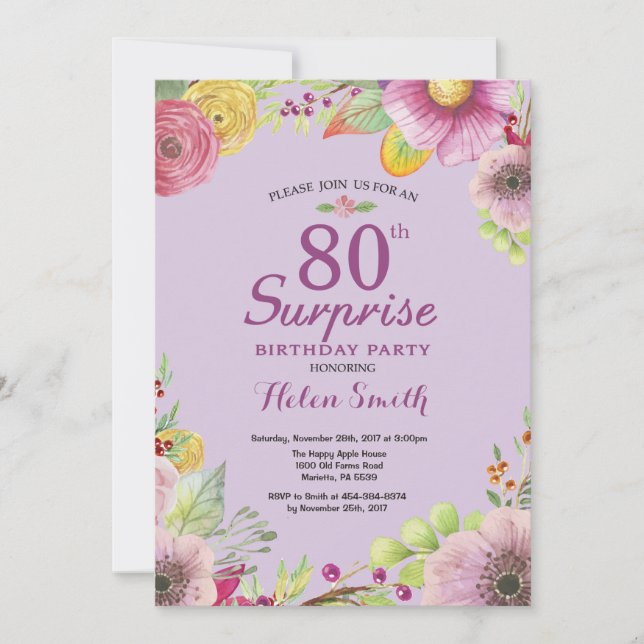 Floral Surprise 80e Anniversaire Invitation Violet (Devant)