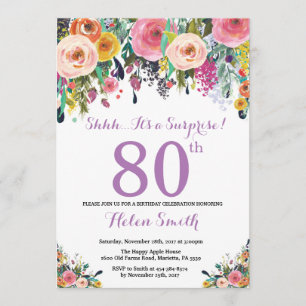Floral Surprise 80e Anniversaire Invitation Violet
