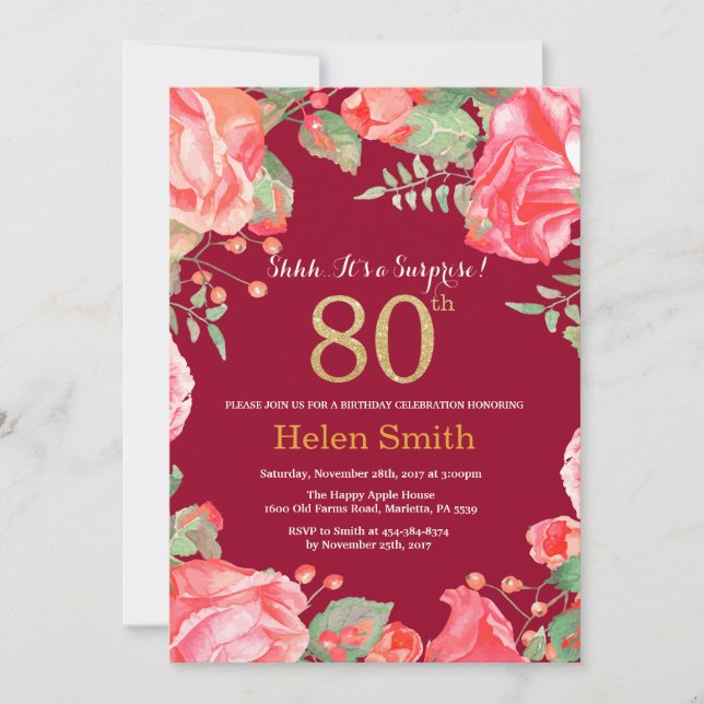 Floral Surprise 80th Birthday Gold Burgundy Red Invitation (Front)