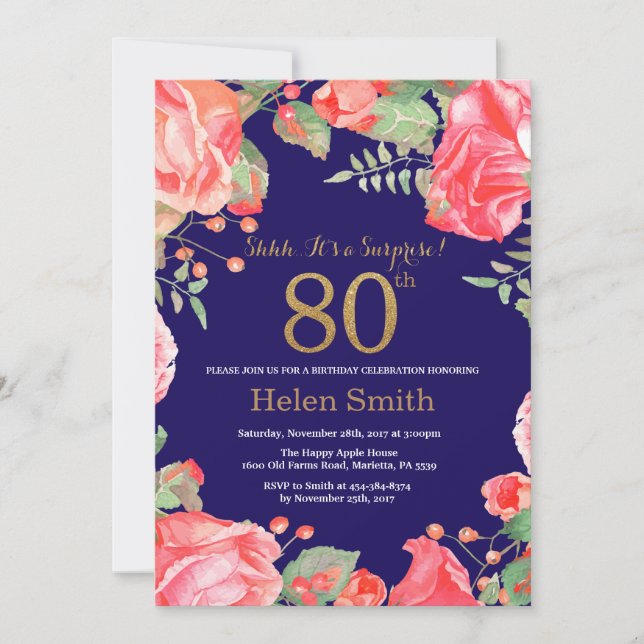 Floral Surprise 80th Birthday Gold Glitter Blue Invitation (Front)