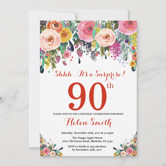 Floral Surprise 90e Anniversaire Invitation Rouge (Devant)