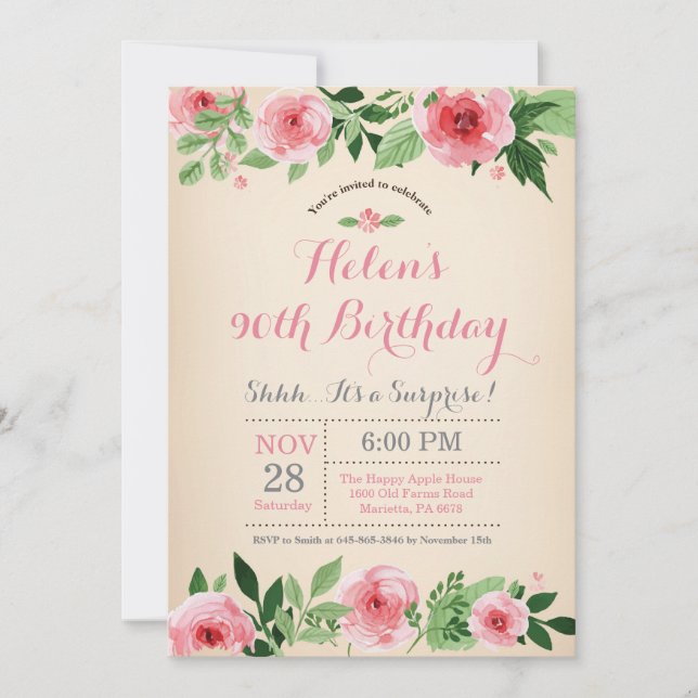 Floral Surprise 90th Birthday Invitation Pink (Front)